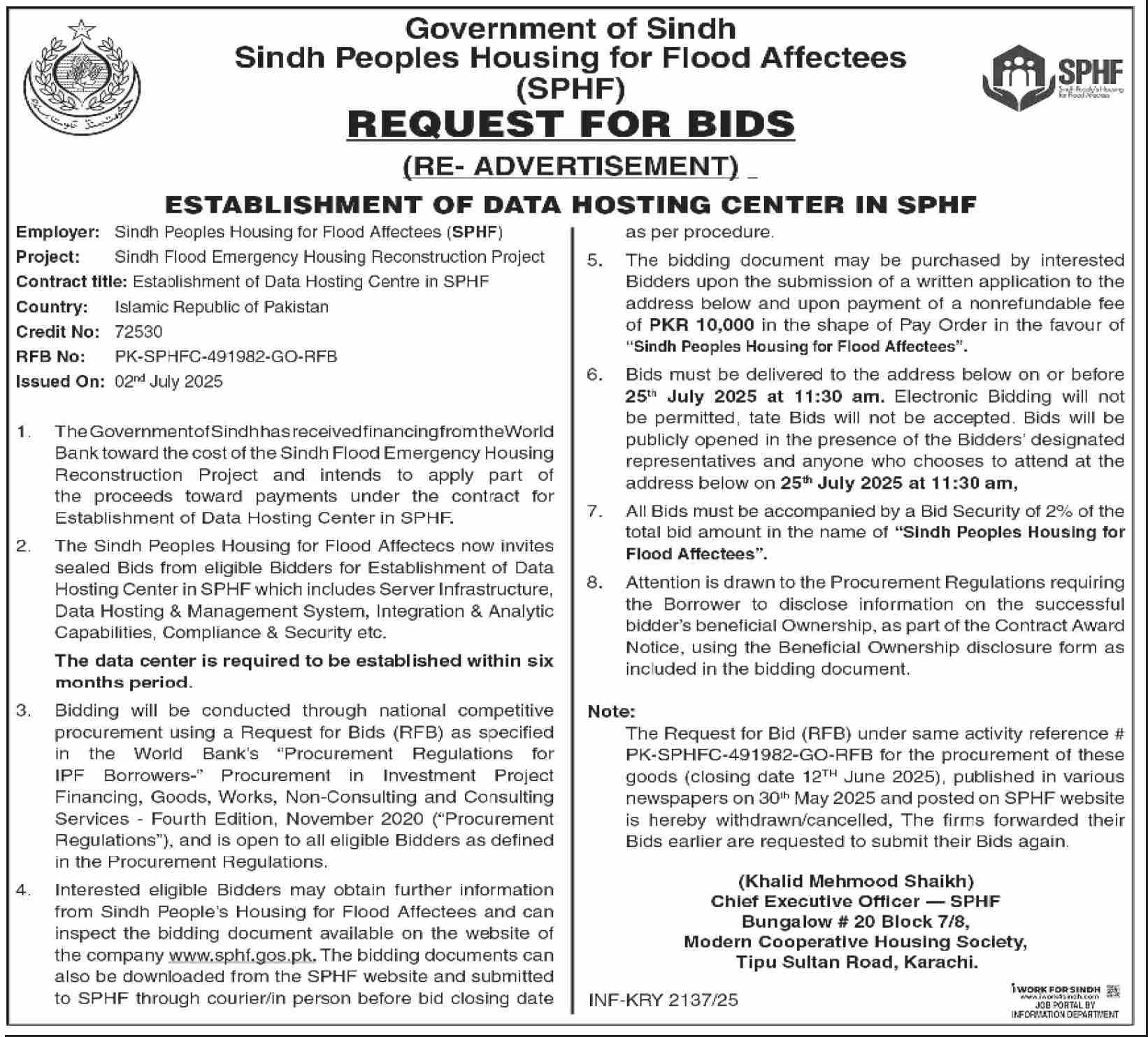 Sindh People Housing of Flood Affectees Karachi Tender Notice